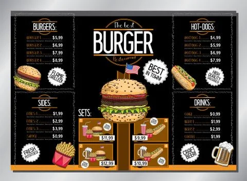 Burger restaurant card template - table menu - A3 size (420x297 mm) Stock Illustration