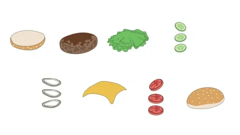 Burger Row Fast Food Menu Icons Cartoon Restaurant Promo Colorful Ingredients Stock Footage 345264129