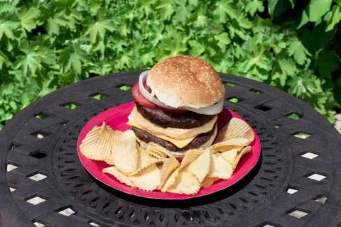 Burger with ruffled chips Stock Photos