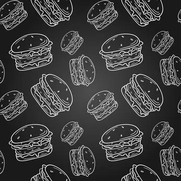 Burger seamless pattern on blackboard. Repeatable print. Endless vector illus Stock Illustration
