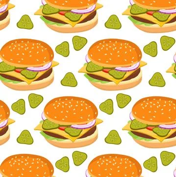 Burger seamless pattern. Cartoon hamburger repeating pattern. Fast food design Stock Illustration