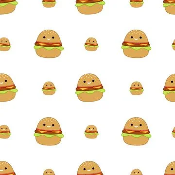 Burger on seamless pattern. Squishmallow. Funny burger. Kawaii, Vector Stock Illustration