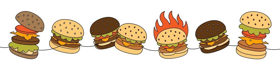 Burger set one line colored continuous drawing. Beef burger, hamburger, veggie Stock Illustration