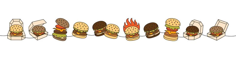 Burger set one line colored continuous drawing. Traditional American fast food Stockillustratie