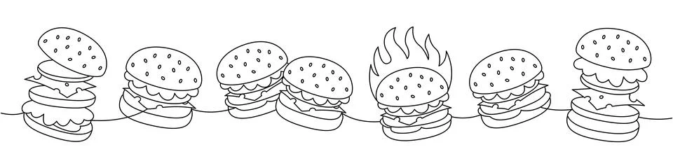 Burger set one line continuous drawing. Beef burger, hamburger, veggie burger Stockillustratie
