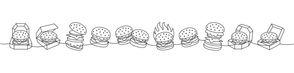 Burger set one line continuous drawing. Traditional American fast food. Hand Stockillustratie