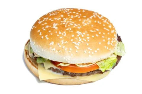 Burger side view on a white background. Isolated. Stock Photos