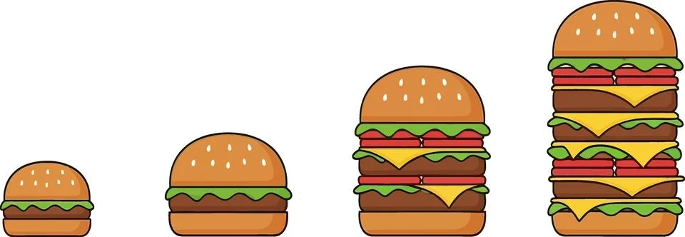 Burger Size Progression: Small to Giant Stacked Fast Food Meal Illustrazione stock