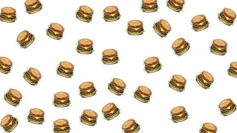 Burger themed seamless pattern in cartoon style with repeating icons, perfe.. Stock Illustration