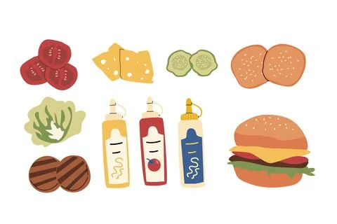 Burger vector elements set. Ingredients for hamburger - salad, tomato, grilled Stockillustratie