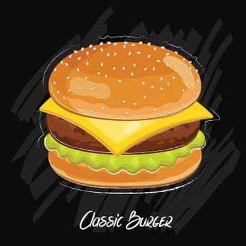 Burger vector isolated on black background Stock Illustration