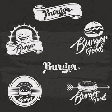 Burgers logo set in vintage style. Retro hand drawn burger logotypes collection Stock Illustration