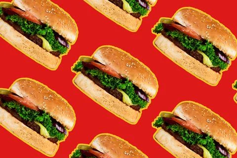 Burgers pattern on red background, minimal junk food concept, Stock Photos