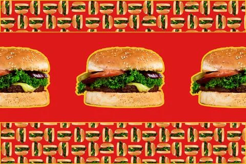 Burgers pattern on red background, minimal junk food concept, Stock Photos