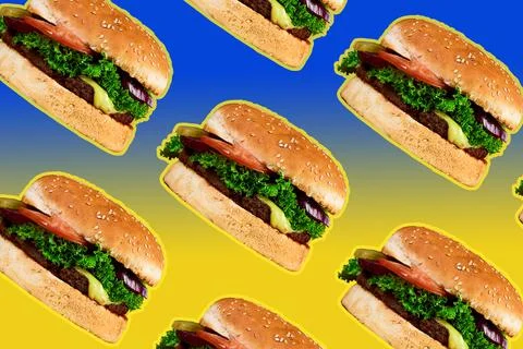Burgers pattern on yellow blue background, minimal junk food concept, Stock Photos