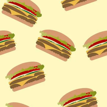 Burgers seamless pattern. Vector illustration isolated on a yellow background. Stock Illustration