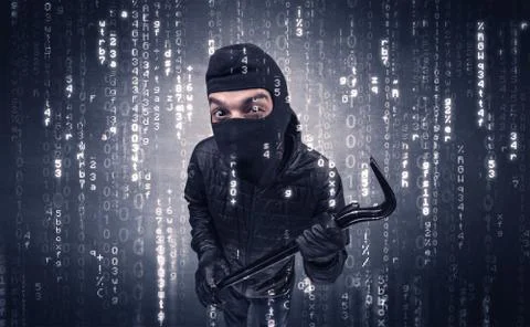 Burglar in action with encoded concept. Foto stock