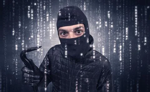 Burglar in action with encoded concept. Stock Photos