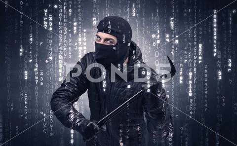 Burglar in action with encoded concept. Stock Photos