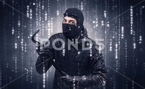 Burglar in action with encoded concept. Stock Photos