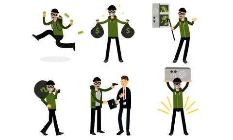 Burglar breaking safe with crowbar. Vector Illustration Set Of Cartoon Thief イラスト素材