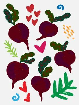 Burgundy beetroot with leaves. Vector grainy set of texture elements, cartoon Illustrazione stock
