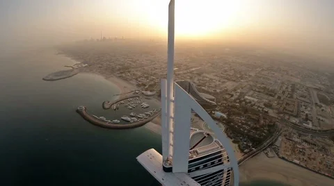 Burj Al Arab hotel in Dubai, UAE. Helicopter view Stock Footage