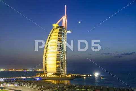 Burj Al Arab Hotel At Night, Iconic Dubai Landmark, Jumeirah Beach, Dubai,