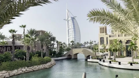 Burj al arab view from Souk al Madinat Jumeirah Dubai  Stock Footage 233857307
