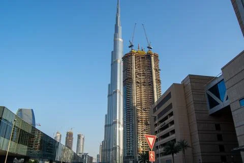 Burj Khalifa and Construction Site in Dubai Stock Photos