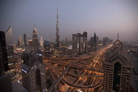 Burj Khalifa and Sheikh Zayed Road Junction Sunset (Dubai) Stock Footage