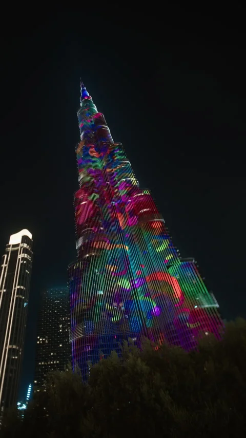 Burj Khalifa animated color patterns in Dubai UAE Stock Footage 344967927