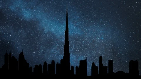 The Burj Khalifa "Khalifa Tower" by Night with Stars, Dubai Stock Footage 103254495
