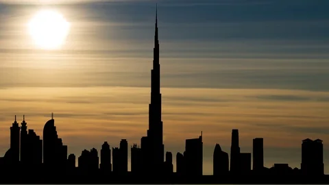 The Burj Khalifa "Khalifa Tower" at Sunset, Dubai, United Arab Emirates Stock Footage 103254709