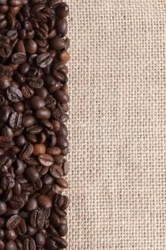 Burlap background with coffee beans. Stock Photos