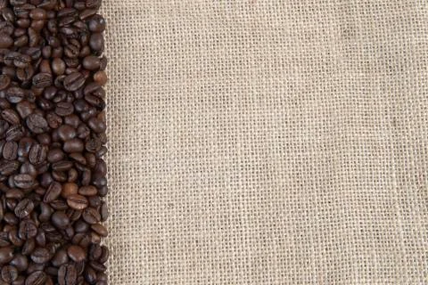 Burlap background with coffee beans. Stock Photos