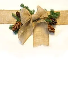 Burlap christmas bow and pine cones frame on white background Stock Photos