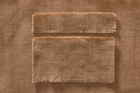 Burlap Fabric Frames Pieces Labels, Linen Cloth Patch on Hessian Texture Stock Photos