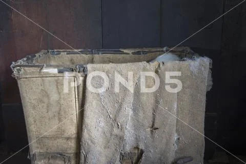 Burlap fabric on old hamper Stock Photos