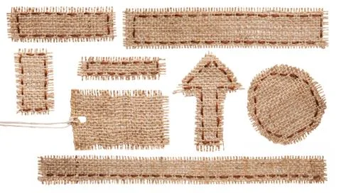 Burlap Fabric Tag Label, Rustic Hessian Cloth Patch Ribbon, Torn Sackcloth Stock Photos