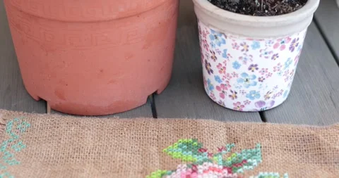 Burlap flower pot tutorial for stylish indoor gardening decor Stock Footage 307718016