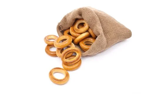 Burlap sack with bagels Stock Photos