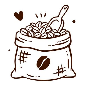 A burlap sack with coffee beans, scoop, and steam on white. A brown hand-dr.. Stock Illustration