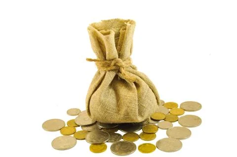 Burlap sack with coins Stock Photos