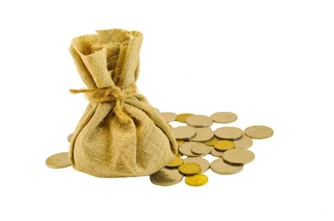 Burlap sack with coins Stock Photos