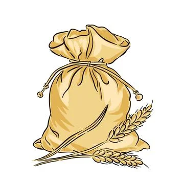 A burlap sack filled with wheat alongside wheat stalks on a white background Stock-Illustration