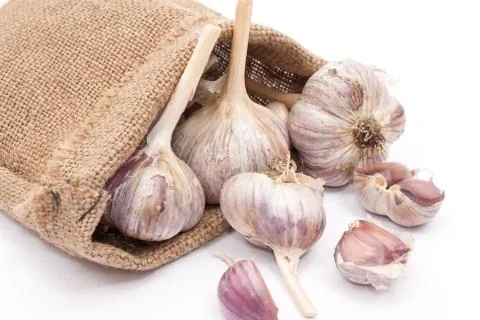 Burlap sack with garlic Stock Photos