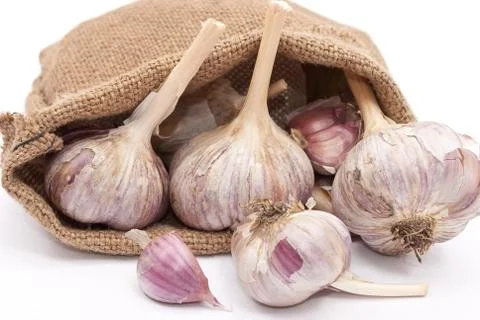 Burlap sack with garlic Stock Photos