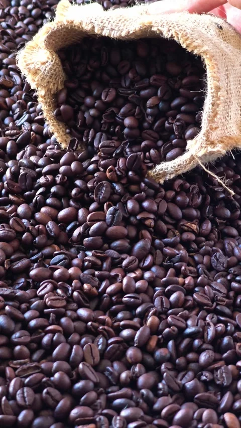 Burlap Sack Overflowing with Roasted Coffee Beans Close Up Stock Footage 345486893