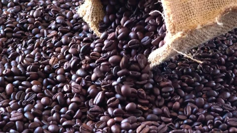 Burlap Sack Overflowing with Roasted Coffee Beans Close Up Stock Footage 345490957